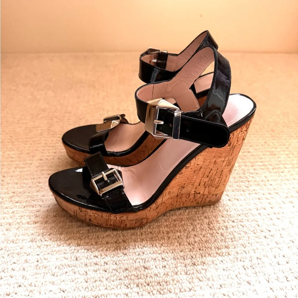 Stuart Weitzman Cork Patent Leather Platform Wedges - Picture 6 of 7
